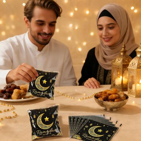 50 Pcs Ramadan Mubarak Self Sealing Bags, Black Gold Moon Pattern Eid Resealable Cellophane Bag, Self Adhesive Treat Bags for Candy Cookie Gift Packaging Eid al-Fitr Party Favors Supplies in Saudi Arabia