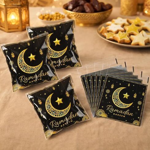 50 Pcs Ramadan Mubarak Self Sealing Bags, Black Gold Moon Pattern Eid Resealable Cellophane Bag, Self Adhesive Treat Bags for Candy Cookie Gift Packaging Eid al-Fitr Party Favors Supplies in Saudi Arabia