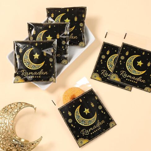 50 Pcs Ramadan Mubarak Self Sealing Bags, Black Gold Moon Pattern Eid Resealable Cellophane Bag, Self Adhesive Treat Bags for Candy Cookie Gift Packaging Eid al-Fitr Party Favors Supplies in Saudi Arabia