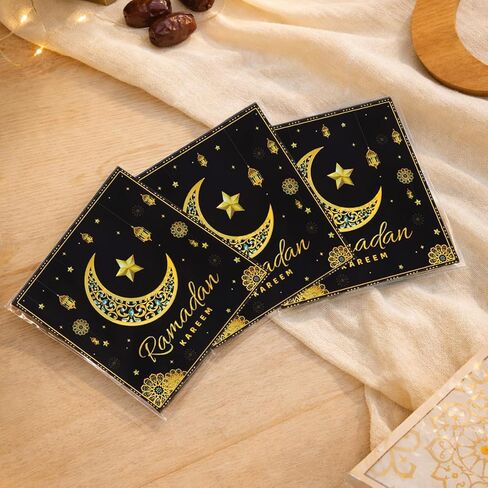 50 Pcs Ramadan Mubarak Self Sealing Bags, Black Gold Moon Pattern Eid Resealable Cellophane Bag, Self Adhesive Treat Bags for Candy Cookie Gift Packaging Eid al-Fitr Party Favors Supplies in Saudi Arabia