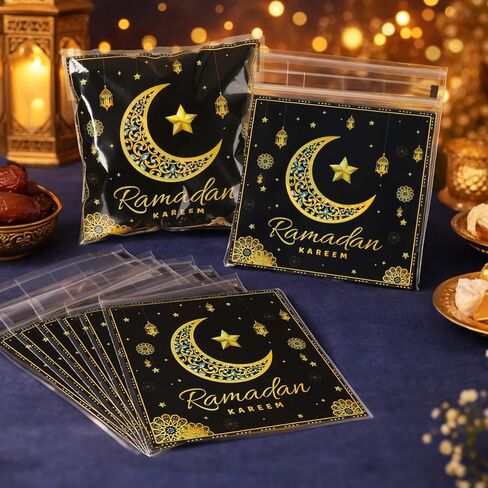 50 Pcs Ramadan Mubarak Self Sealing Bags, Black Gold Moon Pattern Eid Resealable Cellophane Bag, Self Adhesive Treat Bags for Candy Cookie Gift Packaging Eid al-Fitr Party Favors Supplies in Saudi Arabia