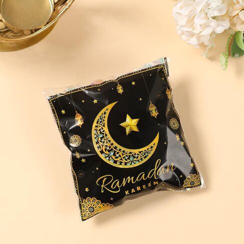 50 Pcs Ramadan Mubarak Self Sealing Bags, Black Gold Moon Pattern Eid Resealable Cellophane Bag, Self Adhesive Treat Bags for Candy Cookie Gift Packaging Eid al-Fitr Party Favors Supplies in Saudi Arabia