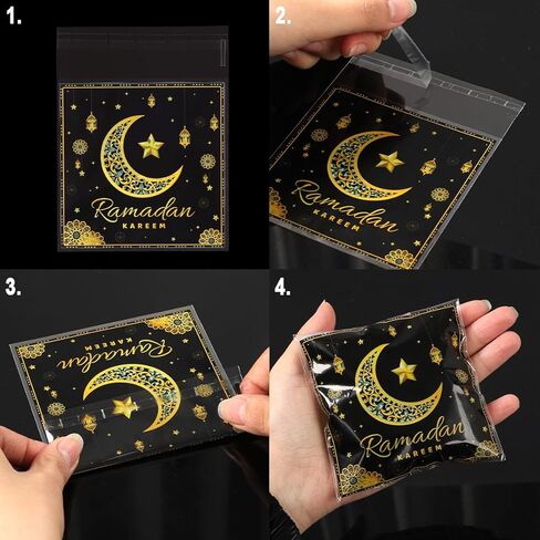 50 Pcs Ramadan Mubarak Self Sealing Bags, Black Gold Moon Pattern Eid Resealable Cellophane Bag, Self Adhesive Treat Bags for Candy Cookie Gift Packaging Eid al-Fitr Party Favors Supplies in Saudi Arabia