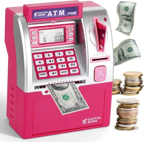 ATM Piggy Bank with Card and Password, Electronic Savings Bank Machine for Real Money, Mini ATM Coin and Cash Deposit Box with Target Setting, Clock and Sound – Pink Dollar Edition in Saudi Arabia