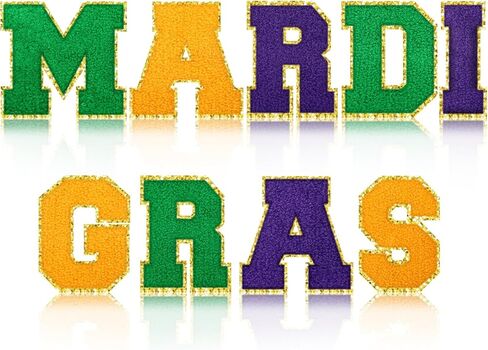 9 Pcs Mardi Gras Iron on Patches Chenille Glitter Letter Patch Self-Adhesive Embroidered Sewn on Patches with Gold Glitters Border for Mardi Gras Clothing Decoration Bags Shirts DIY Supply in Saudi Arabia
