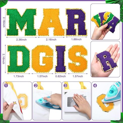 9 Pcs Mardi Gras Iron on Patches Chenille Glitter Letter Patch Self-Adhesive Embroidered Sewn on Patches with Gold Glitters Border for Mardi Gras Clothing Decoration Bags Shirts DIY Supply in Saudi Arabia