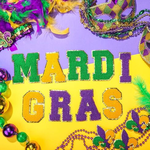 9 Pcs Mardi Gras Iron on Patches Chenille Glitter Letter Patch Self-Adhesive Embroidered Sewn on Patches with Gold Glitters Border for Mardi Gras Clothing Decoration Bags Shirts DIY Supply in Saudi Arabia