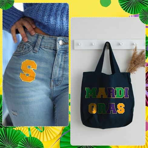 9 Pcs Mardi Gras Iron on Patches Chenille Glitter Letter Patch Self-Adhesive Embroidered Sewn on Patches with Gold Glitters Border for Mardi Gras Clothing Decoration Bags Shirts DIY Supply in Saudi Arabia
