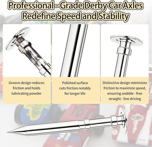 DerbyCraftPro Pinewood Car Axles and Graphite Lubricant Kit |4pcs Polished Grooved Axles+0.5oz Graphite Powder | Friction-Reducing Derby Car Accessories to Eliminate Wheel Wobble - Winning Performance in Saudi Arabia