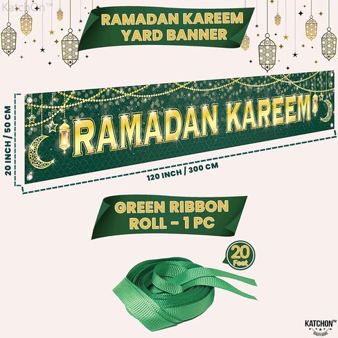 كاتش أون، لافتة رمضان كريم لزينة رمضان - كبيرة جدًا 120x20 بوصة | لافتة رمضان مبارك لزينة رمضان الخارجية | لافتة ساحة رمضان باللونين الأخضر والذهبي، زينة العيد للمنزل in Saudi Arabia