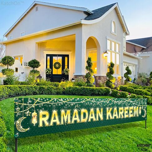 كاتش أون، لافتة رمضان كريم لزينة رمضان - كبيرة جدًا 120x20 بوصة | لافتة رمضان مبارك لزينة رمضان الخارجية | لافتة ساحة رمضان باللونين الأخضر والذهبي، زينة العيد للمنزل in Saudi Arabia