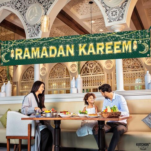 كاتش أون، لافتة رمضان كريم لزينة رمضان - كبيرة جدًا 120x20 بوصة | لافتة رمضان مبارك لزينة رمضان الخارجية | لافتة ساحة رمضان باللونين الأخضر والذهبي، زينة العيد للمنزل in Saudi Arabia
