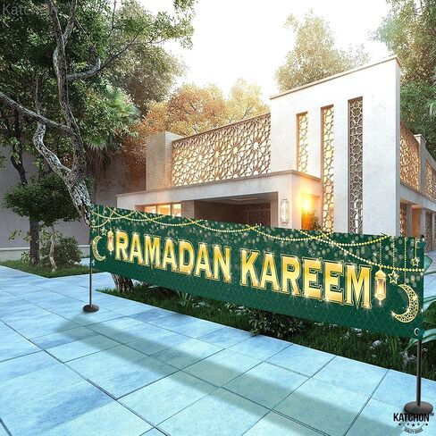 كاتش أون، لافتة رمضان كريم لزينة رمضان - كبيرة جدًا 120x20 بوصة | لافتة رمضان مبارك لزينة رمضان الخارجية | لافتة ساحة رمضان باللونين الأخضر والذهبي، زينة العيد للمنزل in Saudi Arabia