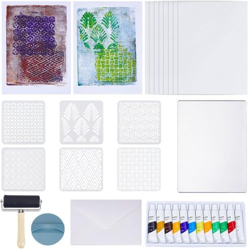 WEBEEDY Gel Printing Plate Kit Geometric Printmaking Supplies Includes 5x7 Inch Reusable Gelatin Plate,Stencils,Acrylic Paint,Essential Tools and Instruction for Adults Beginner Printmaking Supplies in Saudi Arabia