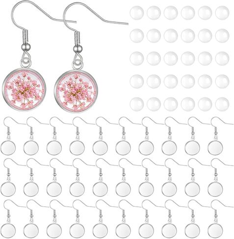 30 Pcs Cabochon Earrings Blanks Bezel Earrings Wire Hooks Blanks Silver Stainless Steel Jewelry Making Supplies Cabochon Settings Earring Making Accessories for Women DIY Earring Project in Saudi Arabia
