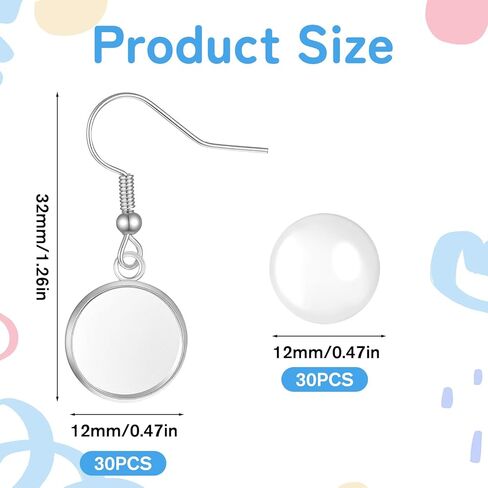 30 Pcs Cabochon Earrings Blanks Bezel Earrings Wire Hooks Blanks Silver Stainless Steel Jewelry Making Supplies Cabochon Settings Earring Making Accessories for Women DIY Earring Project in Saudi Arabia
