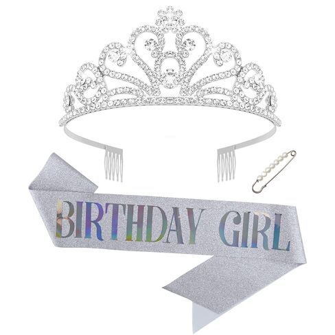 Semato Silver Birthday Girl Sash and Crown Kit Birthday Decorations for Women and Girls Tiara Princess Party Supplies and Favors in Saudi Arabia