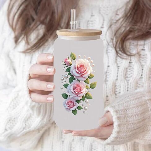 14 Pieces Beautiful Rose Flower UV DTF Transfer Stickers, Waterproof, Scratch Resistant, Self-Adhesive, Suitable for Decorating Ceramic Cups, Glass Cups, Metal Cups, DIY Decoration Various Items in Saudi Arabia
