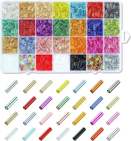 5040pcs Bugle Beads for Embroidery, Embroidery Glass Long Tube Beads Kits for Crafts, DIY Earrings,Bracelets, Necklaces, Jewelry Making（28 Colors 7mm Pouring Silver） in Saudi Arabia