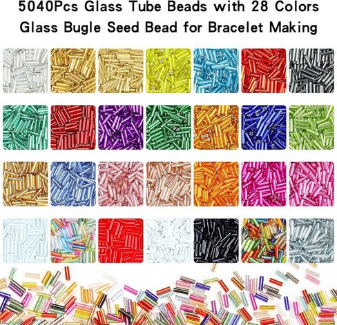 5040pcs Bugle Beads for Embroidery, Embroidery Glass Long Tube Beads Kits for Crafts, DIY Earrings,Bracelets, Necklaces, Jewelry Making（28 Colors 7mm Pouring Silver） in Saudi Arabia
