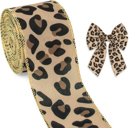 Threetols Leopard Print Wired Edge Ribbons 2.5" 10 Yards Natural Cheetah Brown Decor Wrapping Ribbon Animal Print Burlap Fabric Craft Ribbon for Spring Holiday DIY Craft Wreath Bow Decor in Saudi Arabia