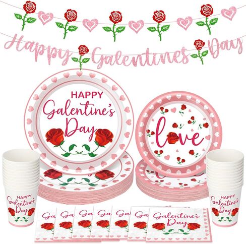 Pickmesh Galentines Day Decorations 97 Pcs Pink Rose Glitter Happy Galentine's Day Decorations Set Include Banner, Plates, Napkins, Cups Heart Banner for Ladies Gang Valentines Party Serve 24 in Saudi Arabia