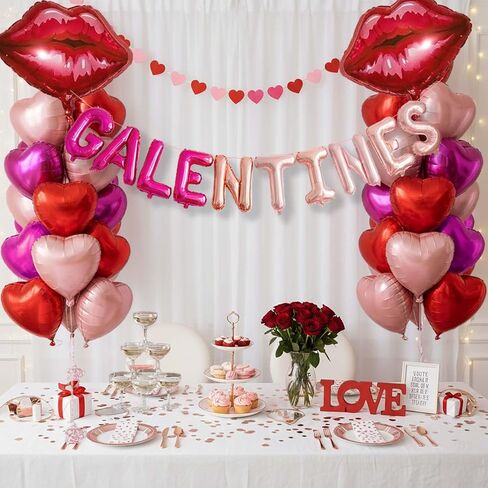 Galentine's Day Bestie Party Decorations with Red Hot Pink Heart Lips GALENTINES Letter Foil Balloons for BFF Girlfriends Valentine's Bachelorette Engagement Photo Booth Backdrop Supplies (Pink) in Saudi Arabia