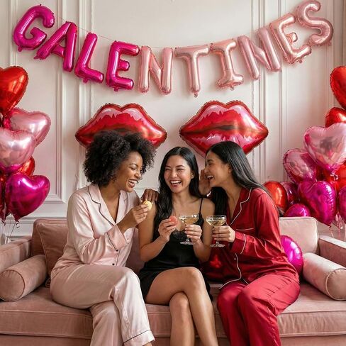 Galentine's Day Bestie Party Decorations with Red Hot Pink Heart Lips GALENTINES Letter Foil Balloons for BFF Girlfriends Valentine's Bachelorette Engagement Photo Booth Backdrop Supplies (Pink) in Saudi Arabia