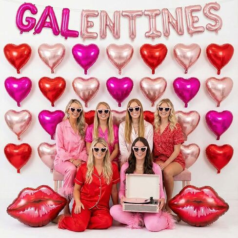 Galentine's Day Bestie Party Decorations with Red Hot Pink Heart Lips GALENTINES Letter Foil Balloons for BFF Girlfriends Valentine's Bachelorette Engagement Photo Booth Backdrop Supplies (Pink) in Saudi Arabia