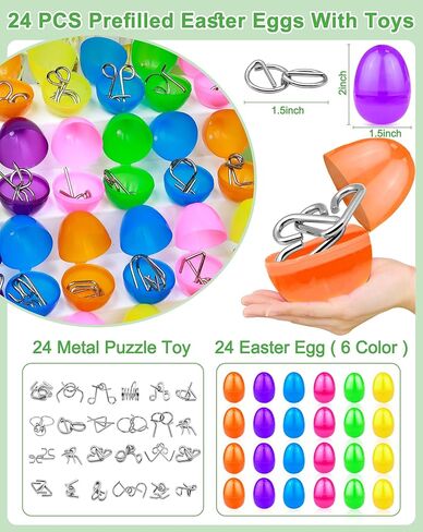 24 Pack Prefilled Easter Eggs with Metal Brain Teaser Puzzle Toys, Basket Stuffers Fillers Stress Relief Fidget Toys for Teens Adults Older Kids Easter Egg Hunt Gifts Party Favors Classroom Prize in Saudi Arabia