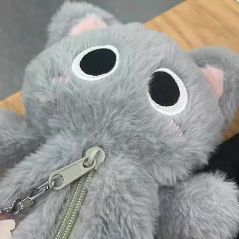 مقلمة Kawaii من القطيفة ذات سعة كبيرة - تصميم قطة صغيرة، تأتي مع ملحقات، مثالية للمكتب والسفر (رمادي) in Saudi Arabia
