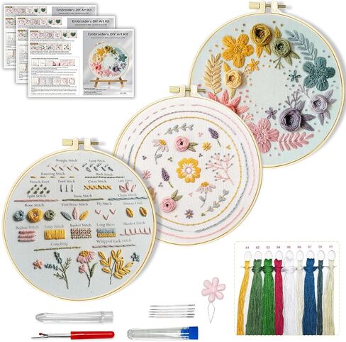 Huacan Floral Embroidery DIY Art Kit for Beginners Adults - 3 Pattern Sets with Guide, Adjustable Hoop, Color Threads, Needles & Tools | Home Decor Craft Gift in Saudi Arabia