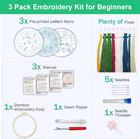 Huacan Floral Embroidery DIY Art Kit for Beginners Adults - 3 Pattern Sets with Guide, Adjustable Hoop, Color Threads, Needles & Tools | Home Decor Craft Gift in Saudi Arabia