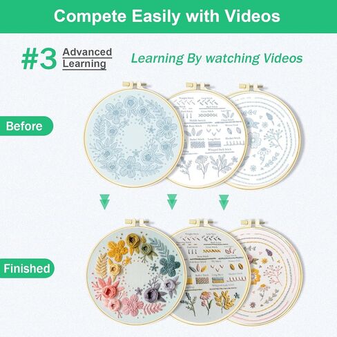 Huacan Floral Embroidery DIY Art Kit for Beginners Adults - 3 Pattern Sets with Guide, Adjustable Hoop, Color Threads, Needles & Tools | Home Decor Craft Gift in Saudi Arabia