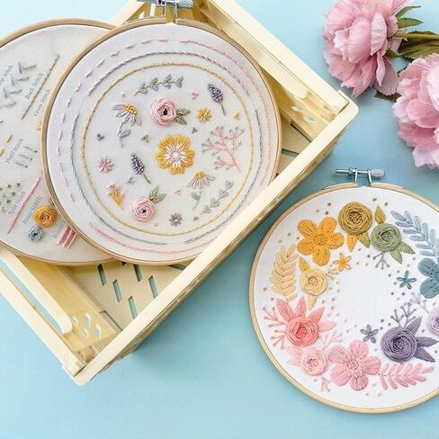 Huacan Floral Embroidery DIY Art Kit for Beginners Adults - 3 Pattern Sets with Guide, Adjustable Hoop, Color Threads, Needles & Tools | Home Decor Craft Gift in Saudi Arabia