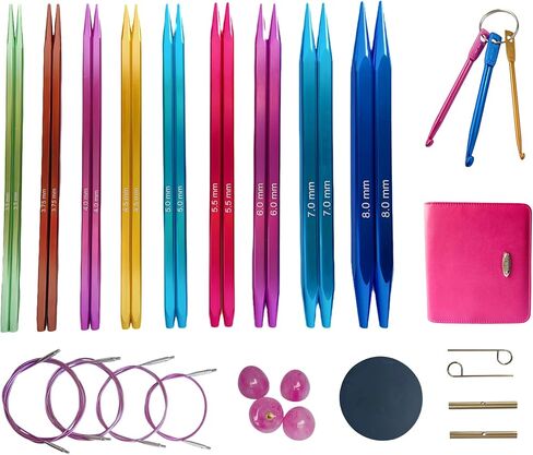 مجموعة إبر الحياكة الدائرية المربعة القابلة للتبديل من CKZLY - 9 أزواج من إبر الألومنيوم المضادة للانزلاق مقاس 4.5 بوصة مقاس أمريكي 4-11 (3.5-8.0 مم) مع كابلات وخطافات كروشيه وحقيبة - مريحة للمبتدئين in Kuwait