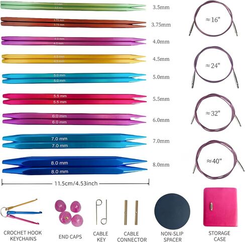 مجموعة إبر الحياكة الدائرية المربعة القابلة للتبديل من CKZLY - 9 أزواج من إبر الألومنيوم المضادة للانزلاق مقاس 4.5 بوصة مقاس أمريكي 4-11 (3.5-8.0 مم) مع كابلات وخطافات كروشيه وحقيبة - مريحة للمبتدئين in Kuwait