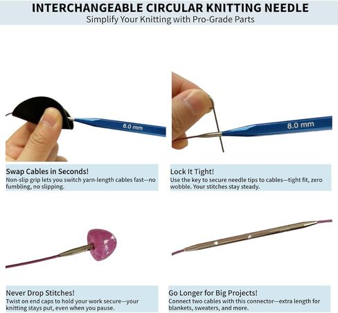 مجموعة إبر الحياكة الدائرية المربعة القابلة للتبديل من CKZLY - 9 أزواج من إبر الألومنيوم المضادة للانزلاق مقاس 4.5 بوصة مقاس أمريكي 4-11 (3.5-8.0 مم) مع كابلات وخطافات كروشيه وحقيبة - مريحة للمبتدئين in Kuwait