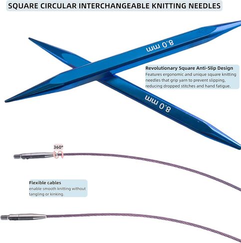 مجموعة إبر الحياكة الدائرية المربعة القابلة للتبديل من CKZLY - 9 أزواج من إبر الألومنيوم المضادة للانزلاق مقاس 4.5 بوصة مقاس أمريكي 4-11 (3.5-8.0 مم) مع كابلات وخطافات كروشيه وحقيبة - مريحة للمبتدئين in Kuwait