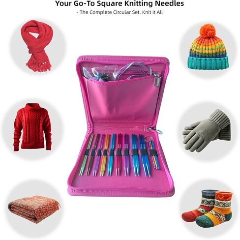 مجموعة إبر الحياكة الدائرية المربعة القابلة للتبديل من CKZLY - 9 أزواج من إبر الألومنيوم المضادة للانزلاق مقاس 4.5 بوصة مقاس أمريكي 4-11 (3.5-8.0 مم) مع كابلات وخطافات كروشيه وحقيبة - مريحة للمبتدئين in Kuwait