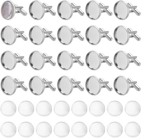 PH PandaHall 30 Sets Cufflinks Settings Blank Cufflinks Bulk Brass Cufflink Kit with Cabochon, Button Cabochons Tray with Dome Cuff Button for DIY Picture Cufflinks Making, Tray 16mm, Platinum in Kuwait