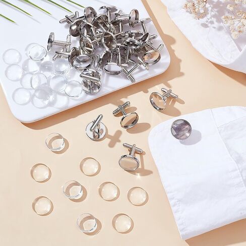 PH PandaHall 30 Sets Cufflinks Settings Blank Cufflinks Bulk Brass Cufflink Kit with Cabochon, Button Cabochons Tray with Dome Cuff Button for DIY Picture Cufflinks Making, Tray 16mm, Platinum in Kuwait