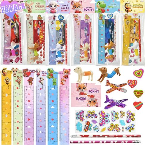 Valentines Day Gifts for Kids, 28 Pack Valentine Classroom Party Favors with Cards School Class Bulk Prize for Boys Girls Toddlers Friends Exchange Gift with Pencils Stickers Erasers in Saudi Arabia