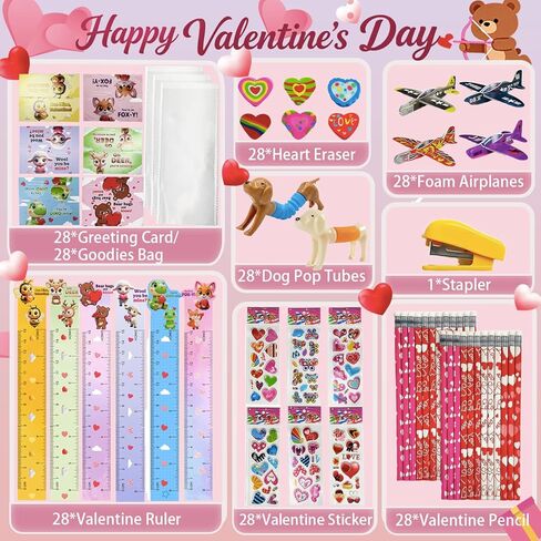 Valentines Day Gifts for Kids, 28 Pack Valentine Classroom Party Favors with Cards School Class Bulk Prize for Boys Girls Toddlers Friends Exchange Gift with Pencils Stickers Erasers in Saudi Arabia