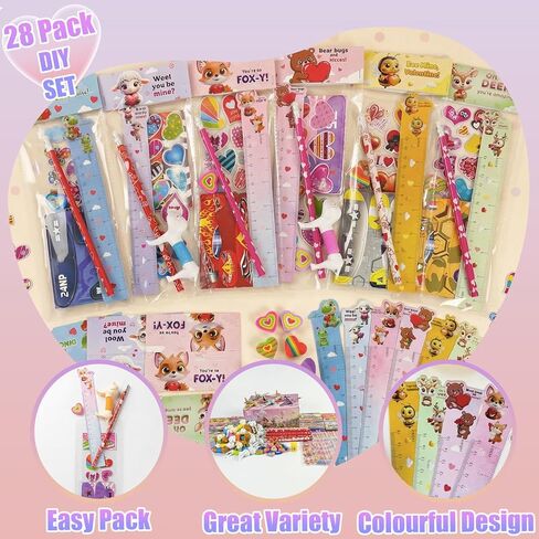 Valentines Day Gifts for Kids, 28 Pack Valentine Classroom Party Favors with Cards School Class Bulk Prize for Boys Girls Toddlers Friends Exchange Gift with Pencils Stickers Erasers in Saudi Arabia