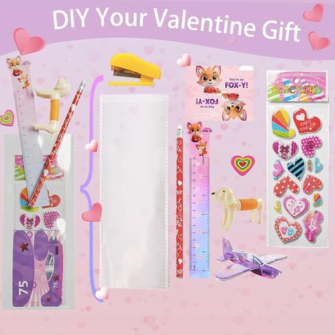 Valentines Day Gifts for Kids, 28 Pack Valentine Classroom Party Favors with Cards School Class Bulk Prize for Boys Girls Toddlers Friends Exchange Gift with Pencils Stickers Erasers in Saudi Arabia