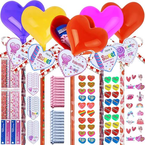 Valentines Day Gifts for Kids - 24-Piece Heart-Shaped Lollipop Stationery Set with Pencils, Pencil Sharpeners, Erasers, Rulers, Pen Caps, Cards, Stickersfor Boys Girls Class Classroom Party Favors in Saudi Arabia