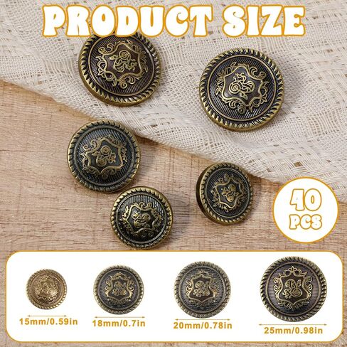 40 Pcs Old Gold Buttons for Blazer Vintage Antique Metal Button Set Sewing Buttons Vintage Decorative Shank Button for Dress Coat Jacket Jeans Uniform Suits Craft (15/18/21/25mm) in Saudi Arabia