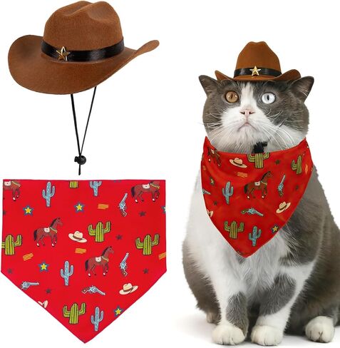 HOWWFALY Pet Cowboy Costume Set Dog Halloween Costumes Cat Cowboy Hat & Bandana Scarf for Small Medium Breeds(Red, Small) in Saudi Arabia