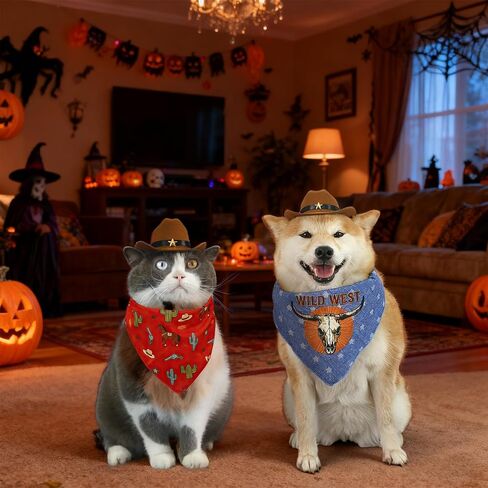 HOWWFALY Pet Cowboy Costume Set Dog Halloween Costumes Cat Cowboy Hat & Bandana Scarf for Small Medium Breeds(Red, Small) in Saudi Arabia
